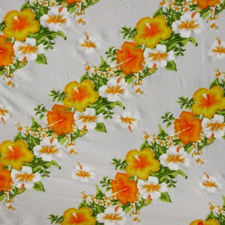 Tissu blanc et jaune orangé Hawaïen frise fleurie