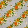 Tissu blanc et jaune orangé Hawaïen frise fleurie