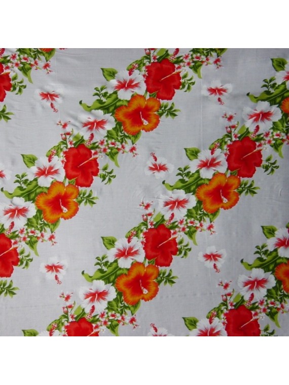 Tissu blanc et rouge Hawaïen frise fleurie