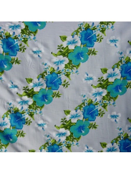 Tissu blanc et turquoise Hawaïen frise fleurie