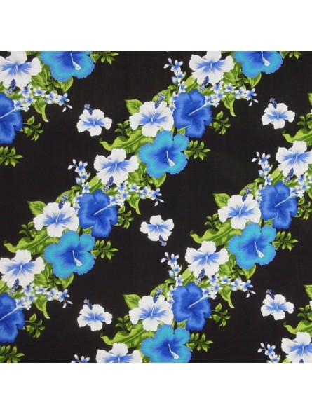TISSU NOIR et bleu FRISE HIBISCUS DIAGONALE FLEURIE