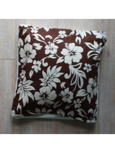 TISSU tahitien marron FLEURS HIBISCUS
