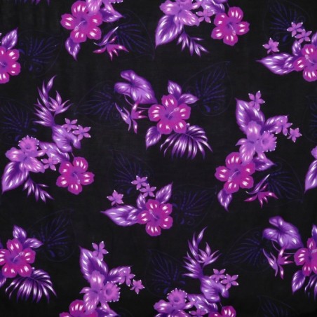 Tissu Noir à fleurs violettes bouquet