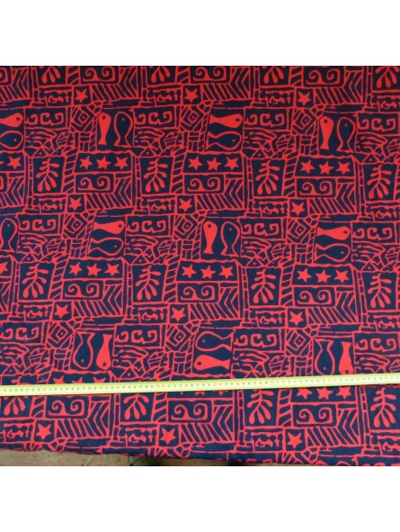 Tissu rouge et bleu marine petit poisson tapa naif