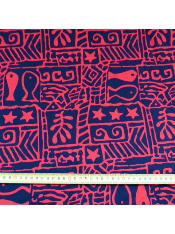 Tissu rouge et bleu marine petit poisson tapa naif