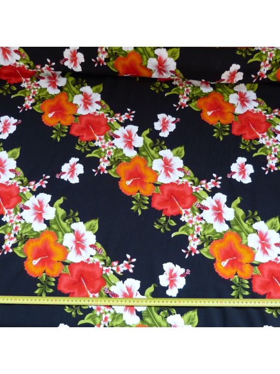 Tissu noir et rouge frise Hibiscus diagonale fleurie