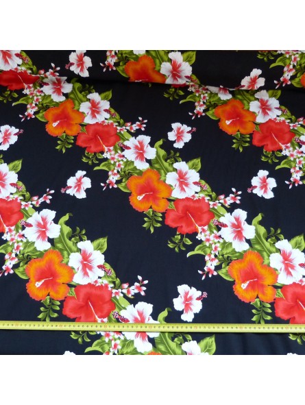 Tissu noir et rouge frise Hibiscus diagonale fleurie
