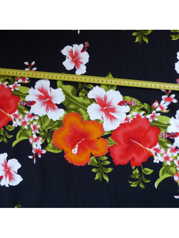 Tissu noir et rouge frise Hibiscus diagonale fleurie