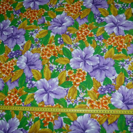 Tissu violet fleurs de bougainvillier polyester, tropical