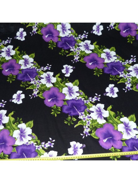 Tissu noir et violet frise hibiscus fleurie