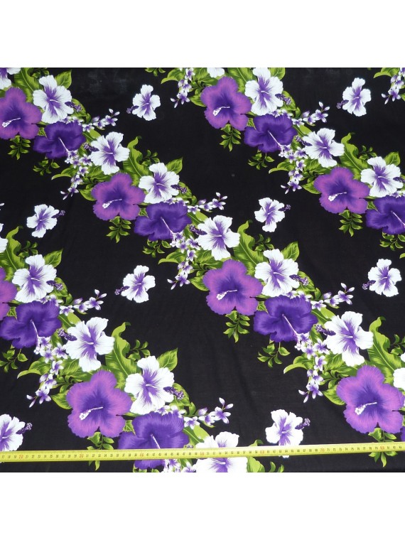 Tissu noir et violet frise hibiscus fleurie