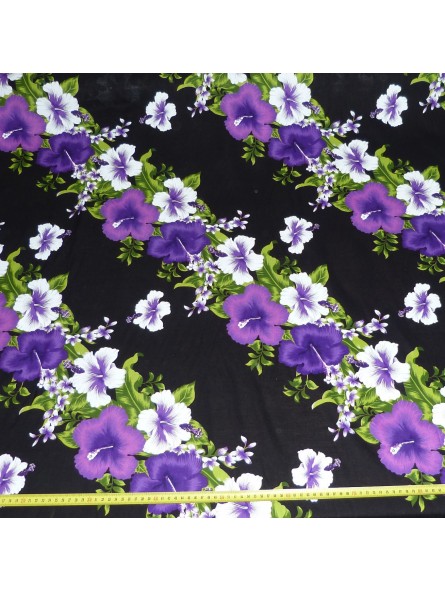 Tissu noir et violet frise hibiscus fleurie