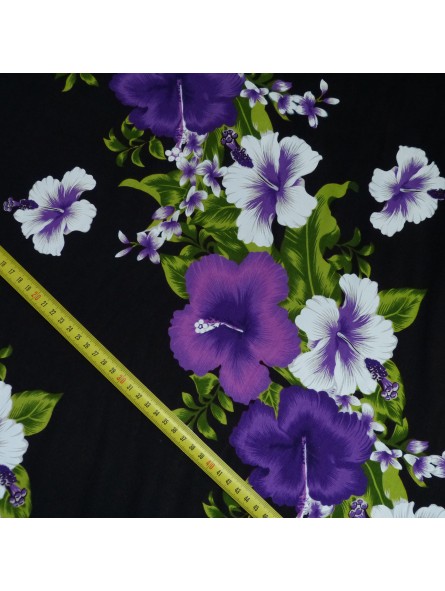 Tissu noir et violet frise hibiscus fleurie