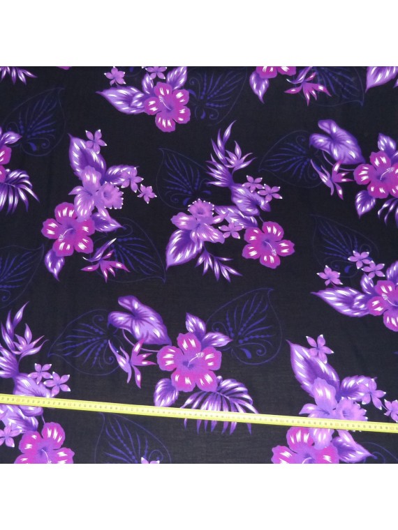 Tissu Noir à fleurs violettes bouquet