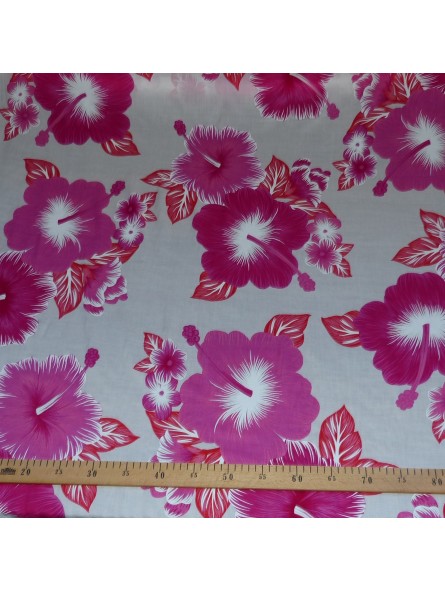 Tissu Blanc et rose Hibiscus kekona