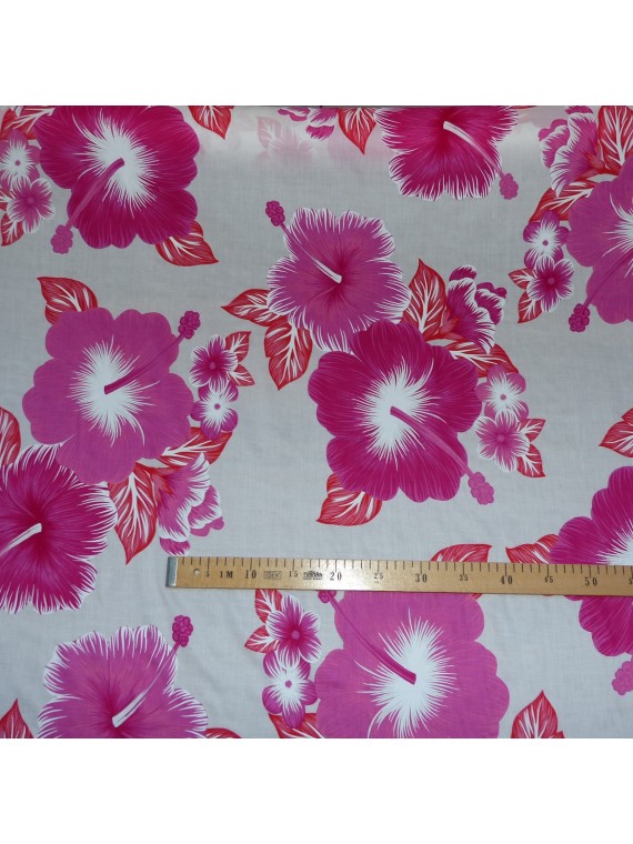 Tissu Blanc et rose Hibiscus kekona