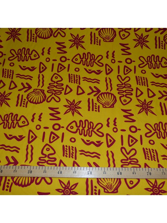 Tissu Jaune poisson et coquillages bordeaux