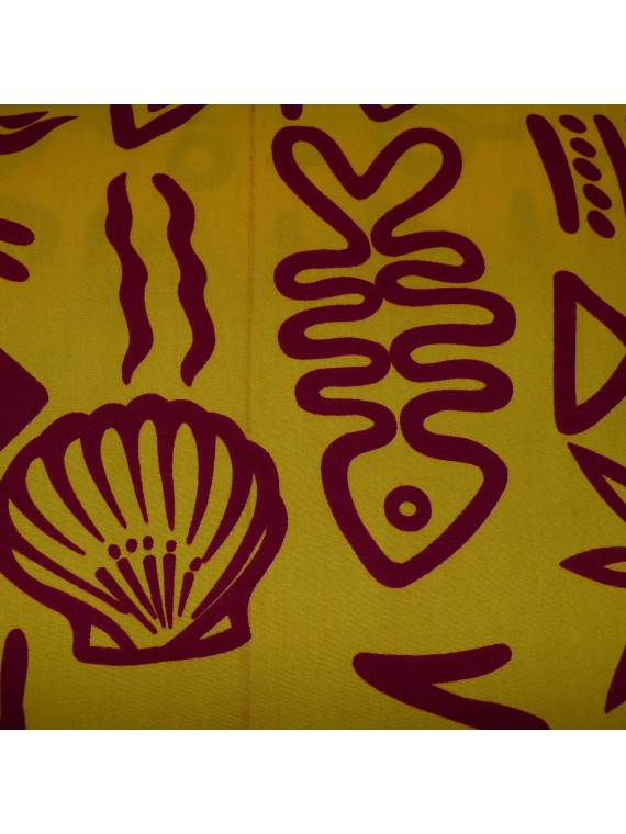 Tissu Jaune poisson et coquillages bordeaux