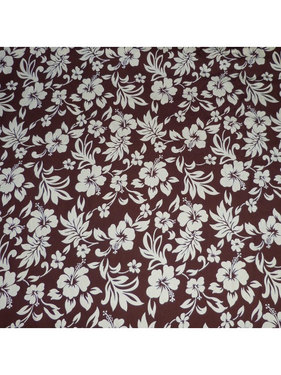 TISSU tahitien marron FLEURS HIBISCUS