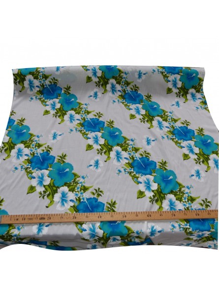 Tissu blanc et turquoise Hawaïen frise fleurie