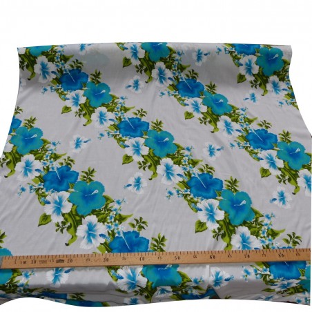 Tissu blanc et turquoise Hawaïen frise fleurie