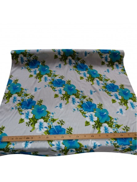 Tissu blanc et turquoise Hawaïen frise fleurie